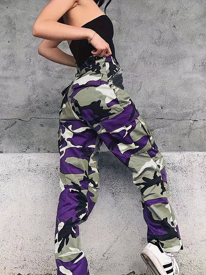 Women's Plus Size Camo Cargo Pants - Stretch Denim with Flap Pockets, Casual Streetwear Style, Machine Washable