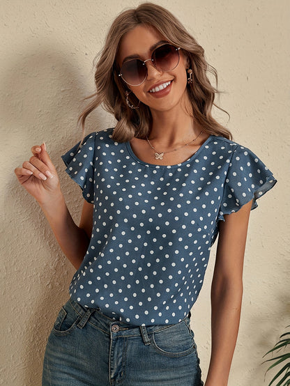 Delicate Pin-Dot Print Flutter Sleeve Blouse - Lightweight & Feminine Crew Neck Top for Spring & Summer - A Trendy Casual Wardrobe Essential for Women