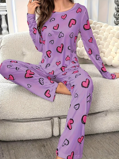 Cozy Heart Print Pajama Set for Women - Soft Long Sleeve Round Neck Top, Comfortable Relaxed Fit Pants, Perfect for Fall and Winter, Casual Lounge Wear for Home or Travel