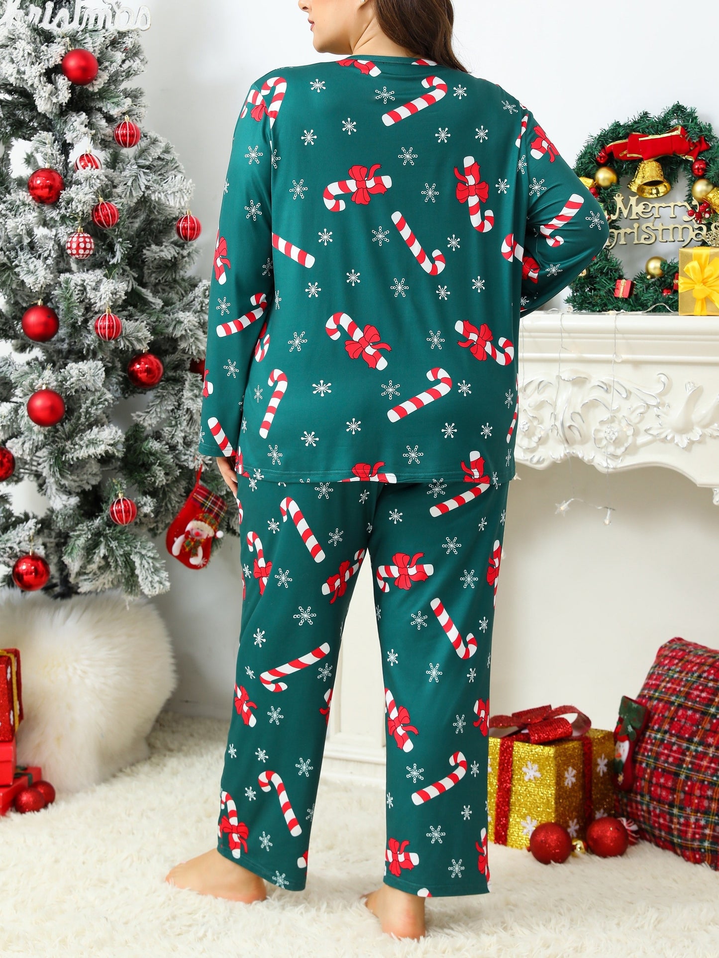 Conjunto de pijama navideño de talla grande para adultos: tejido de punto informal, manga larga, poliéster, estampado navideño de copos de nieve y bastones de caramelo, ropa de dormir acogedora para otoño/invierno