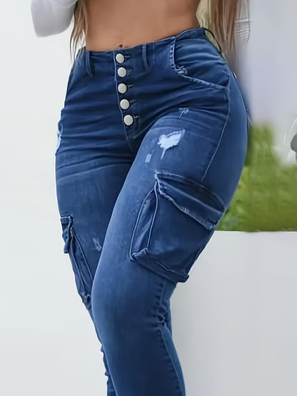 Pantalones vaqueros ajustados de cintura alta de talla grande: favorecedores detalles de botones de un solo pecho, dobladillo rasgado moderno, ajuste elástico cómodo, azul vaquero clásico con bolsillos funcionales, pantalones de estilo casual para mujer