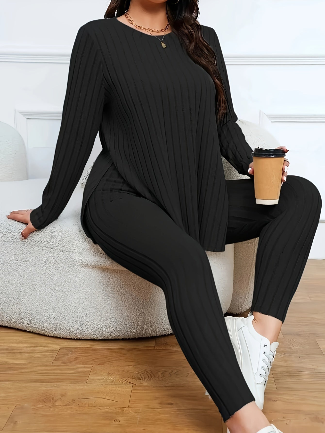 Plus Size Two-Piece Set - Soft Slight Stretch Crew Neck Long Sleeve Split Top and Cozy Pants Outfit - Machine Washable, Customized Casual Wear for Women