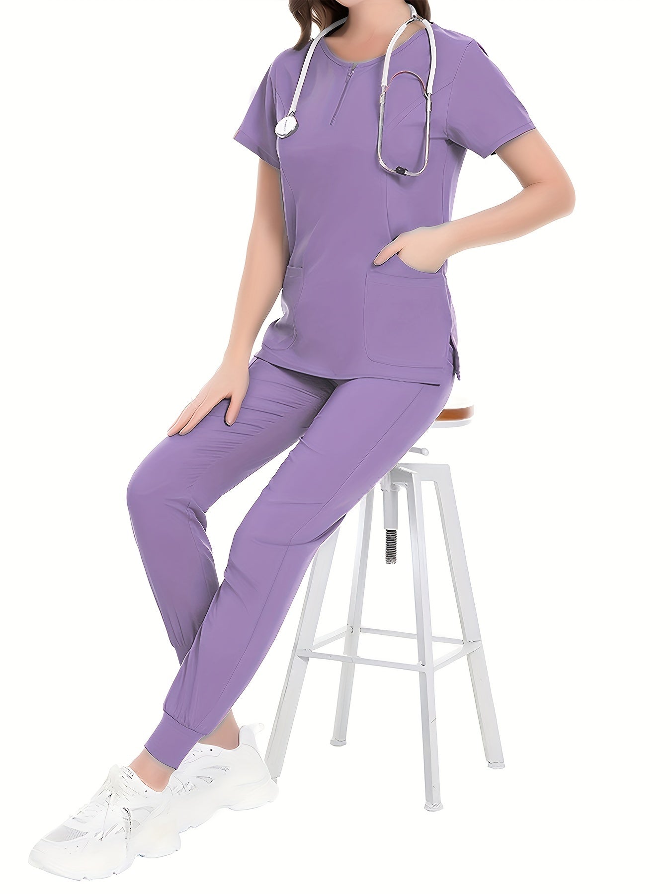 Cómodo conjunto de uniforme de enfermera: blusas quirúrgicas suaves con cuello redondo, bolsillos delanteros y pantalones con cordón para el hospital, ropa médica para mujer con tela transpirable y cintura ajustable