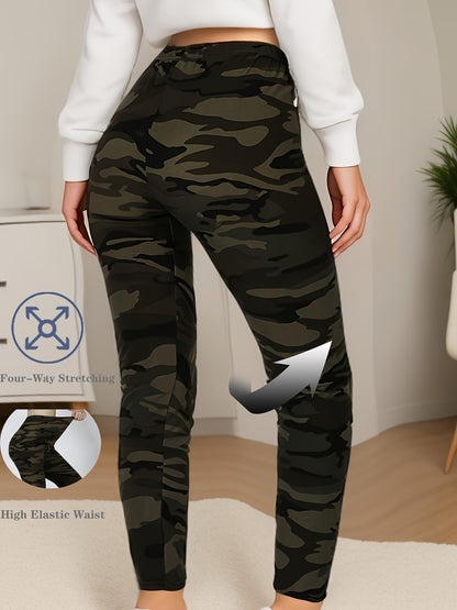 Leggings ajustados con estampado de camuflaje de talla grande, leggings elásticos casuales de cintura alta para uso diario, ropa de talla grande para mujer