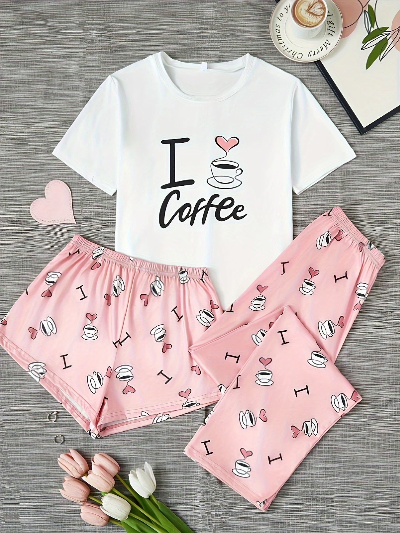 Women's Homewear Casual Coffee Print Cute Sweet Short Sleeve Shorts Pants Three-pcs Pajama Set - LuxyXO