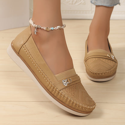 Elegant Women's Slip-On Loafers with Decorative Buckle - Retro Solid Color, Versatile Casual Shoes