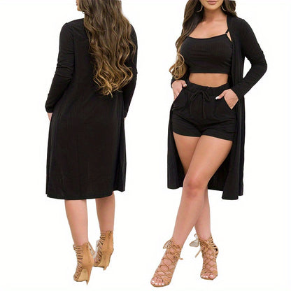 3pcs Elegant Set for Women: Solid Color Ribbed Crop Top, Tie-Waist Shorts & Open Front Cardigan - Stretchy