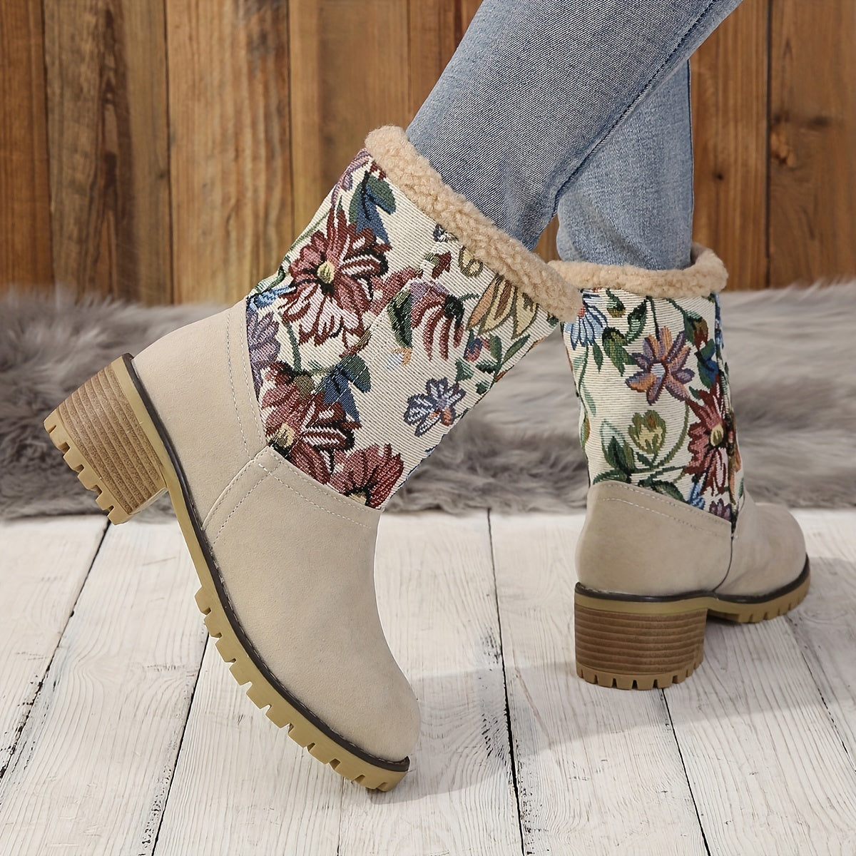 Women's Floral Print Fuzzy Boots, Slip On Soft Sole Chunky Heel Soft Sole Boots, Winter Non-slip Plush Snow Boots - LuxyXO