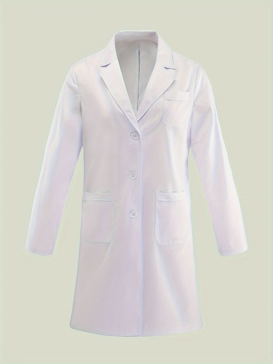 White polyester and cotton blend lab coat with long sleeves, open-front, lapel collar, and multiple pockets, designed for adults.