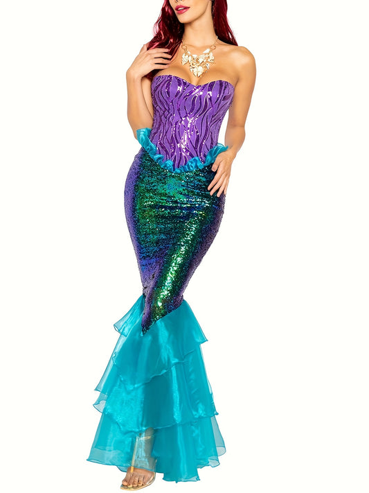 Vestido de sirena glamoroso: disfraz de fiesta elegante de cola larga con lentejuelas y volantes sin tirantes para mujer con diseño de top tipo tubo