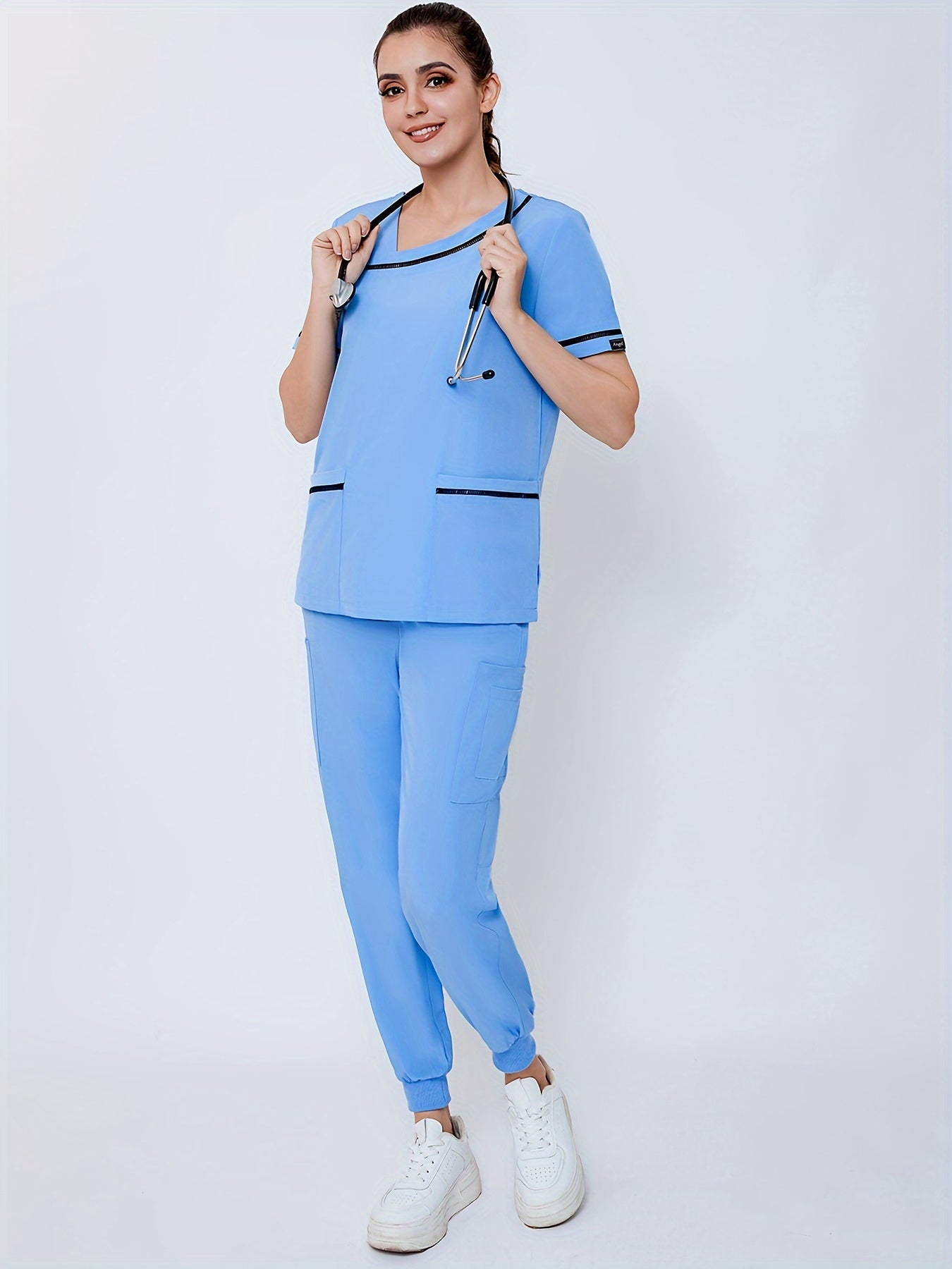 Conjunto de uniforme médico de dos piezas, color liso, bolsillos de parche funcionales, manga corta, uniforme médico cómodo para mujeres, atención médica, enfermería, ropa de hospital