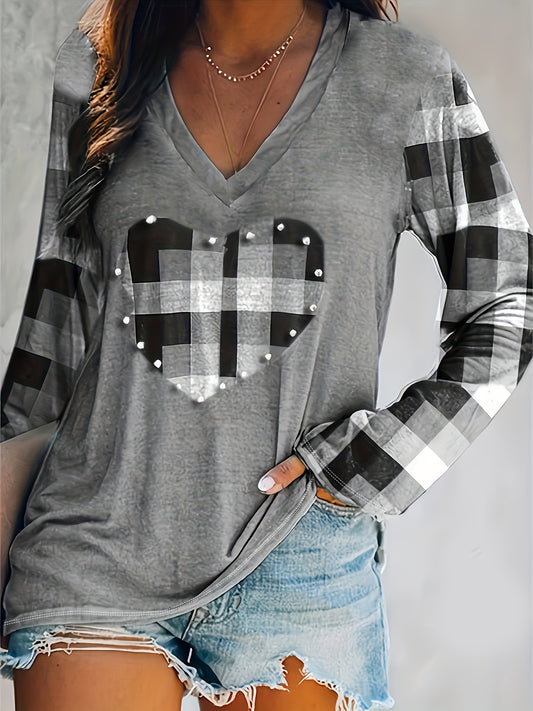 Vibrant Plaid Heart Print V-Neck Long Sleeve T-Shirt - Soft, Breathable, Casual Top for Spring and Fall - Women's Fashion Clothing for Everyday Wear