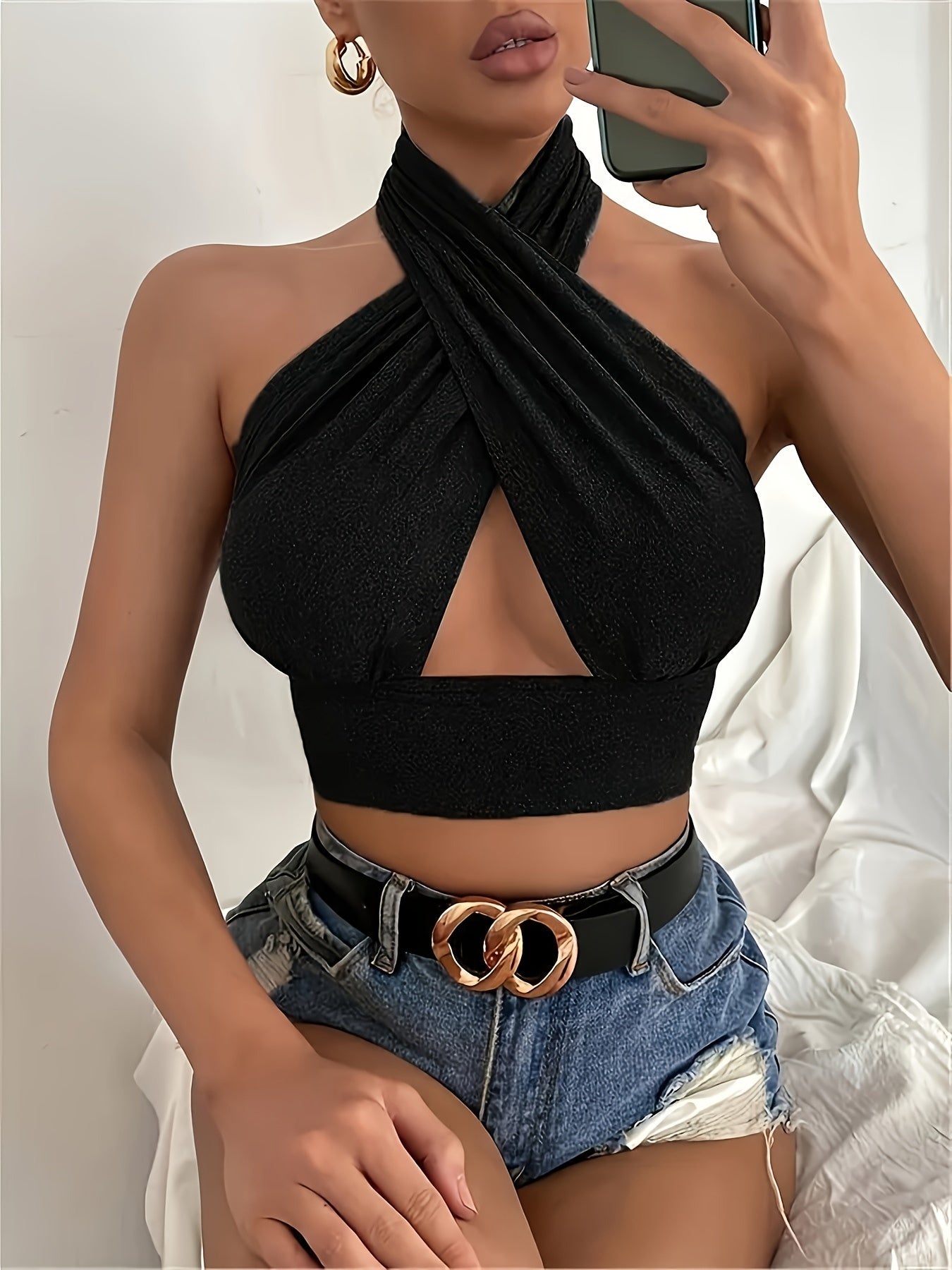 Stretchy Cut Out Cross Halter Top, Sexy Backless Crop Top