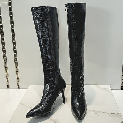 Knee-High Boots - Sexy Glossy Croc-Embossed Stiletto Heels