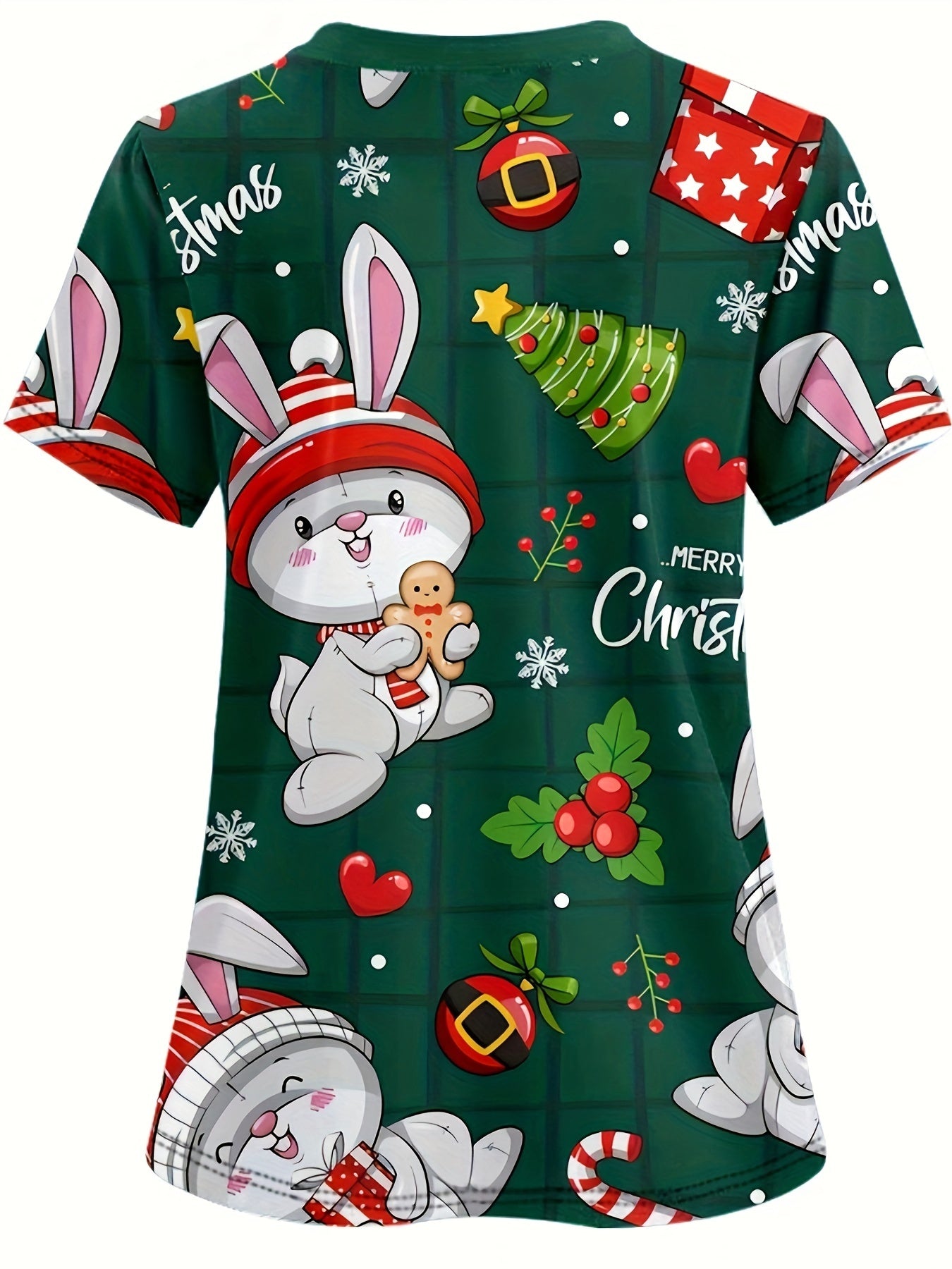 Adorable Rabbit Print V-Neck Scrub Top - Soft, Breathable, and Comfortable Healthcare Uniform for Women - Ideal for Hospital, Dental, and Medical Office Work, Easy Care Fabric