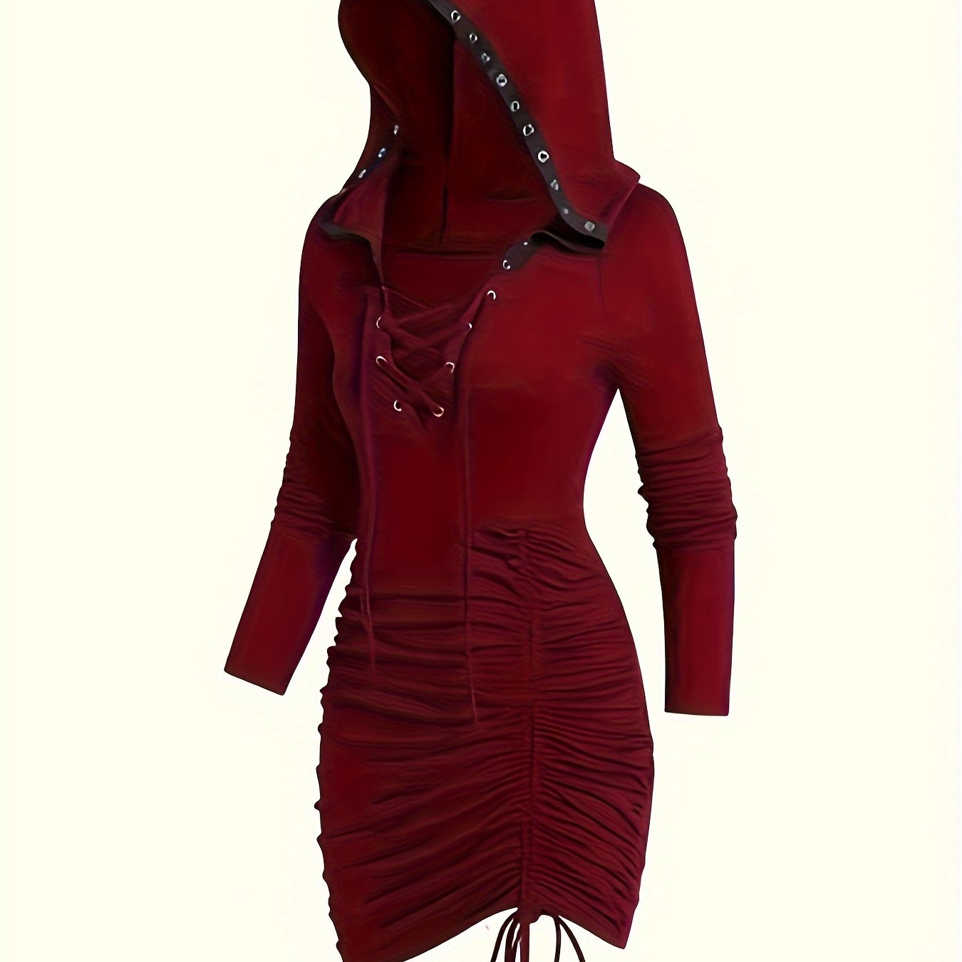 Y2K-Inspired Gothic Hooded Mini Dress - Solid Color, Ruched & Slim Fit with Drawstring Detail, Machine Washable - Perfect for Spring/Fall