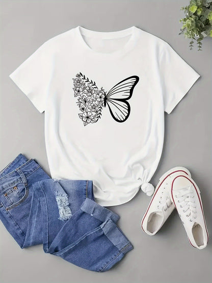 Butterfly Print Crew Neck Short Sleeve T-Shirt - Soft Mid-Elasticity Polyester Fabric, Machine Washable, Casual Style for Spring & Summer - Womens Regular Fit Clothing for Everyday Wear