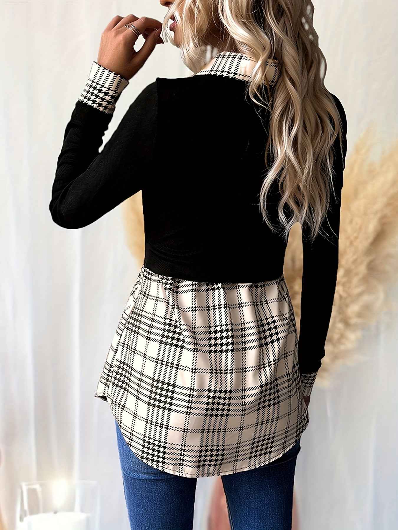 Elegant Long Sleeve Slim Collared 2-In-1 Plaid Chic Blouse