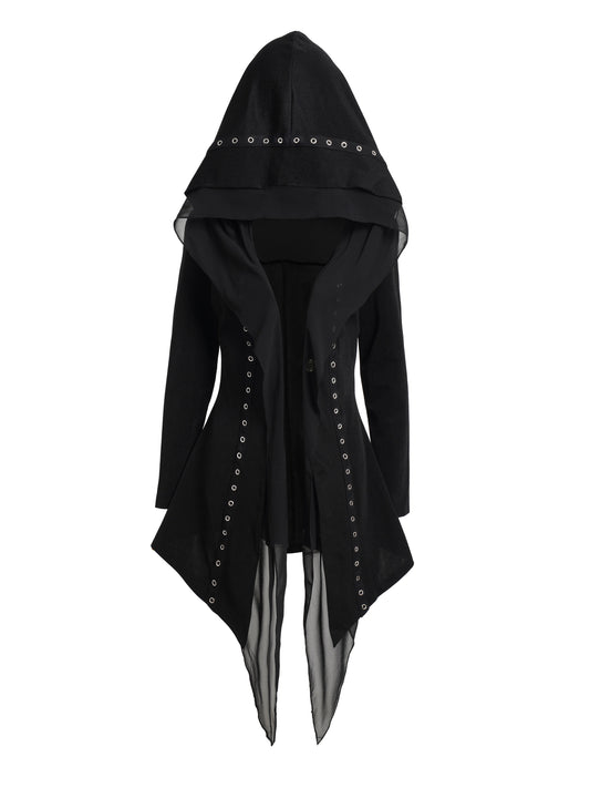 Y2K-Inspired Gothic Chiffon Jacket with Metal Eyelet Detail - Oversized Hooded Outerwear for Fall/Winter, Perfect for Street Parties & Rock Styles