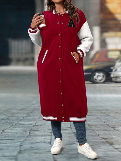 Plus Size Color Block Button Front Jacket, Casual Long Sleeve Longline Jacket For Fall & Winter