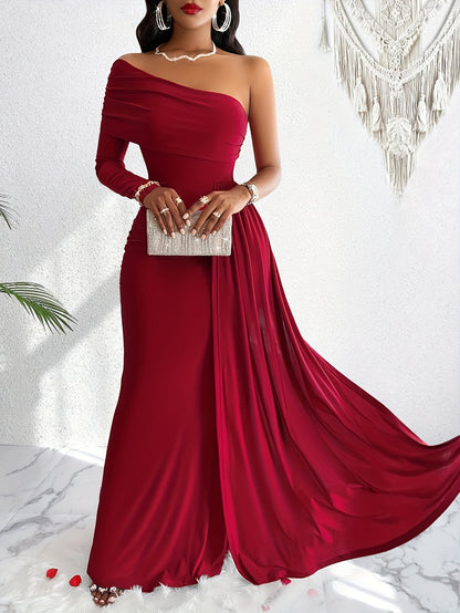 Impresionante vestido largo asimétrico de un solo hombro: diseño fluido, fruncido y elegante para fiestas, banquetes y ocasiones formales: ropa de mujer para eventos especiales