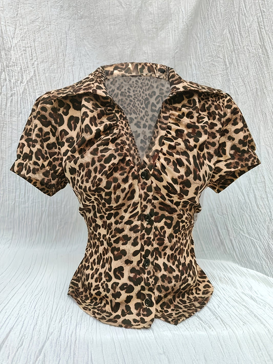 Elegant Leopard Print V-Neck Blouse with Button Detail - Short Sleeve