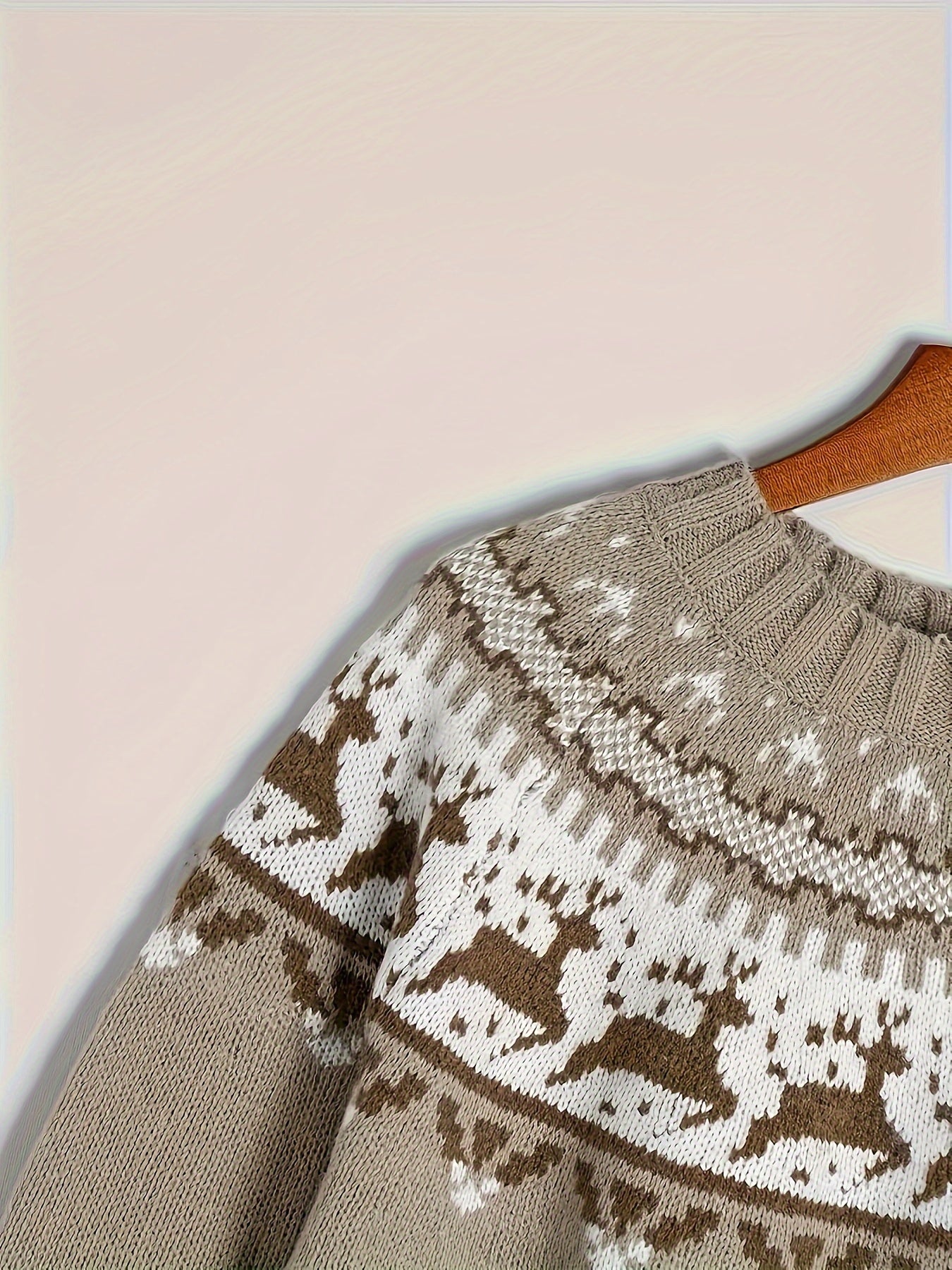 Suéter navideño informal de cuello redondo con renos y copos de nieve para mujer | Jersey de punto con estampado geométrico y animal 100 % acrílico | Jersey de manga larga con bloques de color para otoño/invierno