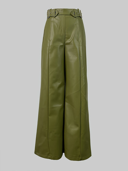 Women'S High Waisted Faux Leather Wide Leg Flared Pants - Casual Loose Fit With Pockets, Elasticized Waistband At Back, Woven Solid Color, Micro Fashion - Spring/Summer/Fall/Winter Collection