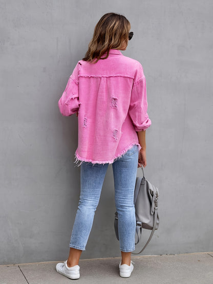 Plus-Size Distressed Denim Blazer Jacket for Women - Ripped Knee, Relaxed Fit, Casual Chic Style - Perfect for Summer Outings and Streetwear Fashion