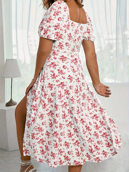 Vestido elegante con estampado floral de talla grande: escote cuadrado, mangas abullonadas, lazo en forma de cerradura, dobladillo dividido, corte relajado, ropa informal para mujer, perfecto para salidas de verano y la vida diaria