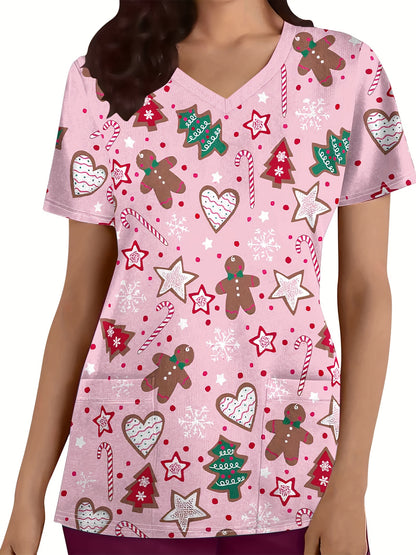 Christmas Print V-neck Scrub Top, Comfortable & Functional Health Care Uniform Top, Perfect For Working In Hospitals & Dental Office, Women's Work Clothing