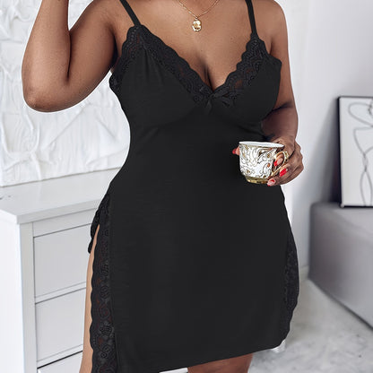 Plus Size Sexy Sleep Dress, Women's Bow Contrast Lace V Neck Side Split Cami Home Dress