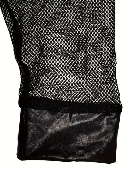 Women'S Plus Size Edgy Faux Leather Lace-Up Corset Top With Mesh Sleeves Gothic Punk Criss Cross Zip Up Top