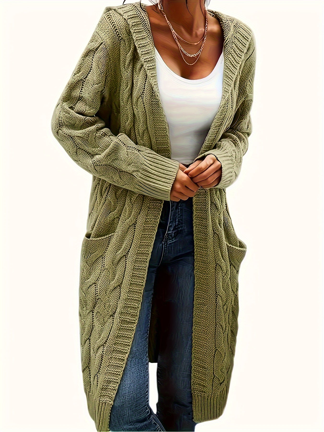 Plus Size Cozy Cardigan - Women's Solid Cable Long Sleeve Open Front Hooded Cardigan with Pockets for Casual Daily Wear