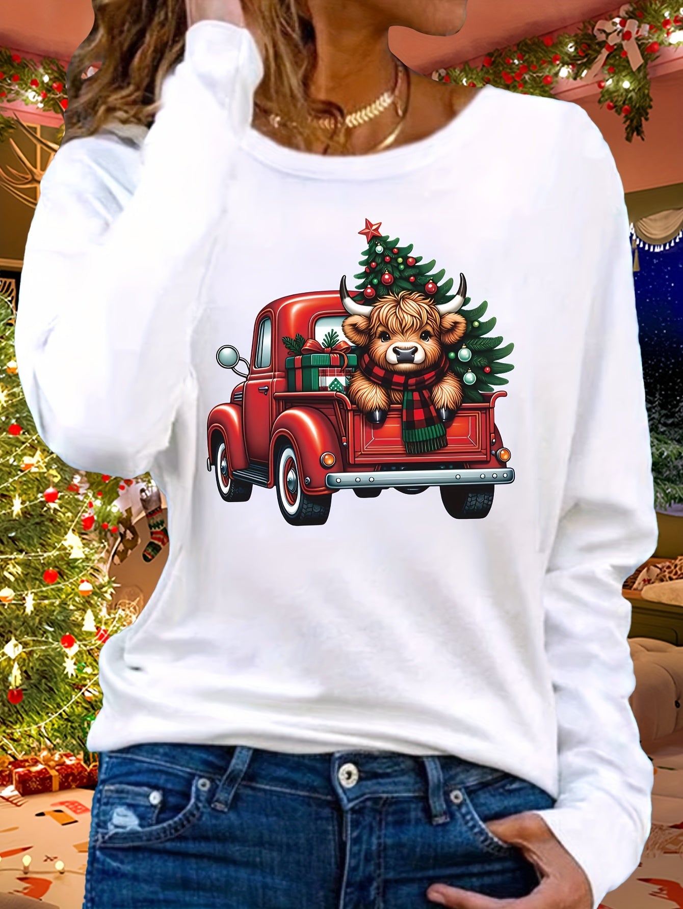 Sudadera informal con cuello redondo y apliques de oso navideño: tejido de punto 100 % poliéster con elasticidad media, jersey de manga larga para otoño