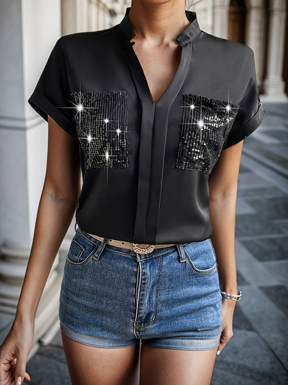 Blusa con lentejuelas vibrantes, elegante cuello con muescas, mangas murciélago sueltas, estilo informal sin esfuerzo, ideal para primavera y verano, ropa cómoda para mujeres para actividades al aire libre