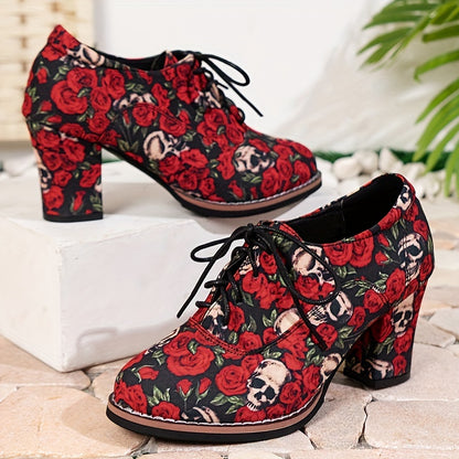 Women's Round Toe Lace-Up Pumps, Comfortable Mid-Block Heel Fabric Shoes with Halloween Skull & Rose Pattern, Versatile Office Footwear