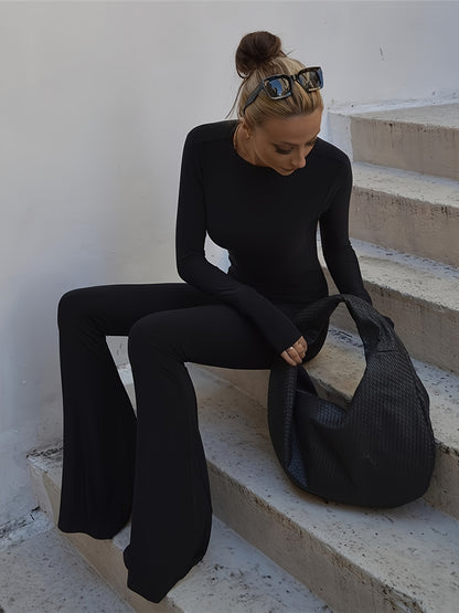 Black Simple Casual High Elastic Tight Sexy Backless Long-Sleeved Straight-Leg Wide-Leg Jumpsuit