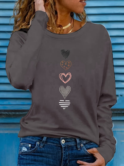 Camiseta informal de talla grande: adorable estampado de corazones, mangas largas cómodas, escote redondo clásico, elasticidad media para un ajuste favorecedor; diseñada específicamente para mujeres