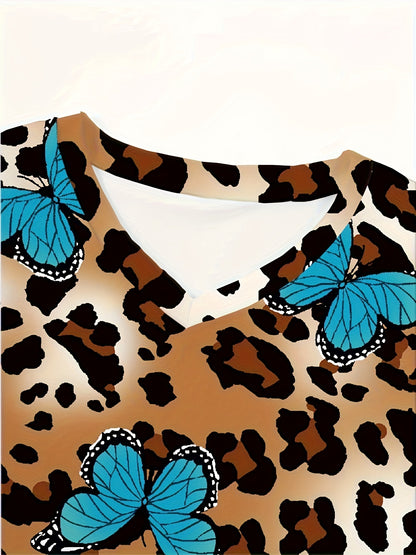 Women's Fashion V-Neck Scrub Top with Leopard & Butterfly Print, Comfortable Medical Nurse Uniform with Pockets - Polyester Blend