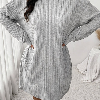 Women'S Plus Size High Neck Rib-Knit Knit Dress, Casual Long Sleeve Knee-Length Pullover