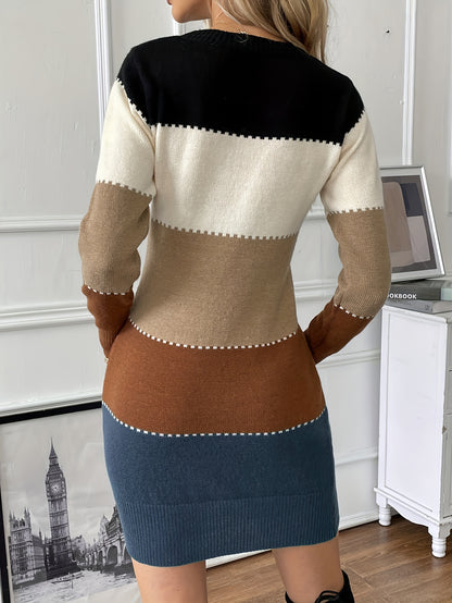 Vibrant Color Block Dress - Flattering Long Sleeves for a Chic Look, Classic Crew Neck Design for a Timeless Appeal, Sophisticated and Refined Silhouette - Perfect for Modern Women Who Appreciate Style and Comfort