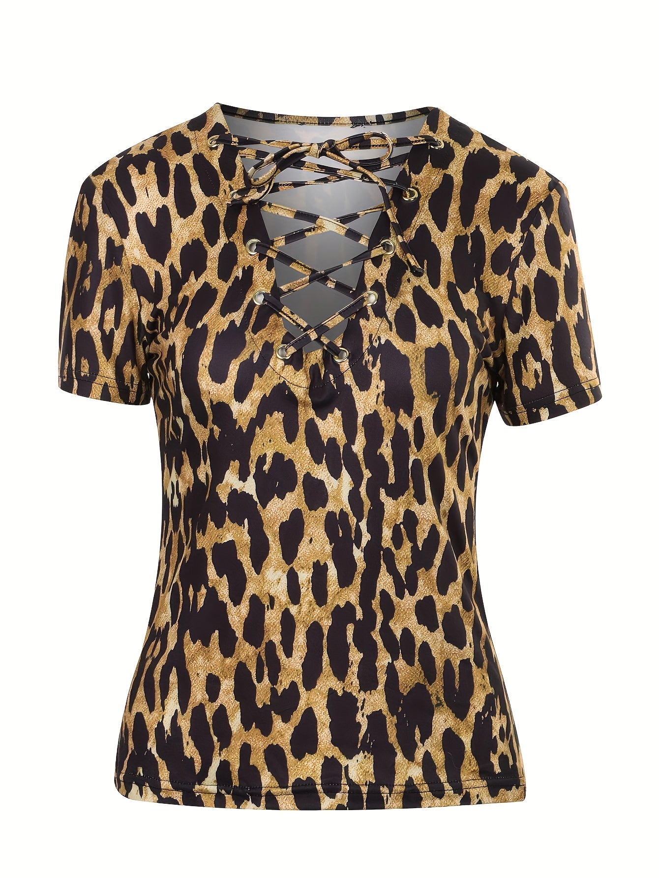 Elegante camiseta de manga corta con tirantes y encaje con estampado de leopardo para mujer