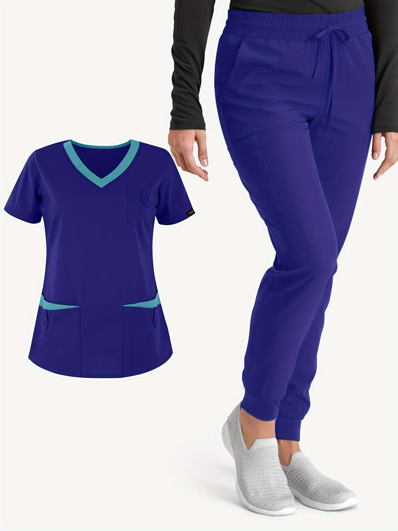 Two-Piece Solid Scrub Set - Elegant V-Neck Top and Drawstring Pants Outfit with Comfortable Fabric, Medical and Health Care Uniform for Women, Classic Design, Easy Care, and Professional Look