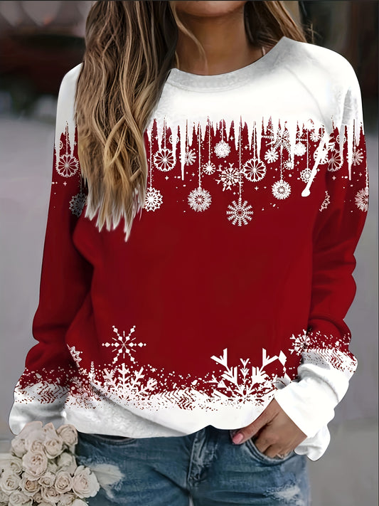 Snowflakes Print Pullover Sweatshirt, Casual Long Sleeve Crew Neck Sweatshirt For Fall & Winter, Women's Clothing