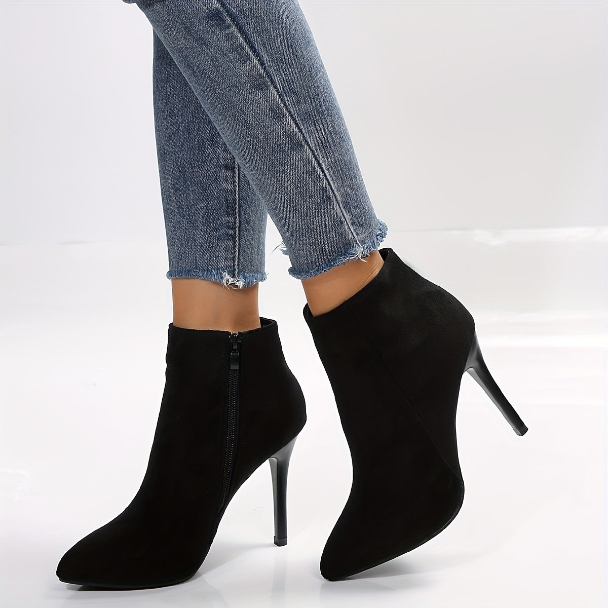 Chic All-Season Women's Stiletto Ankle Boots - Pointed Toe, Solid Color, Easy Zip Booties