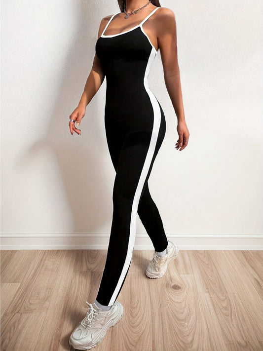 Vibrant Color Block Low Cut Skinny Jumpsuit - Backless, Spaghetti Strap, Sexy, Spring & Summer Essential - Women's Clothing for Warm Weather