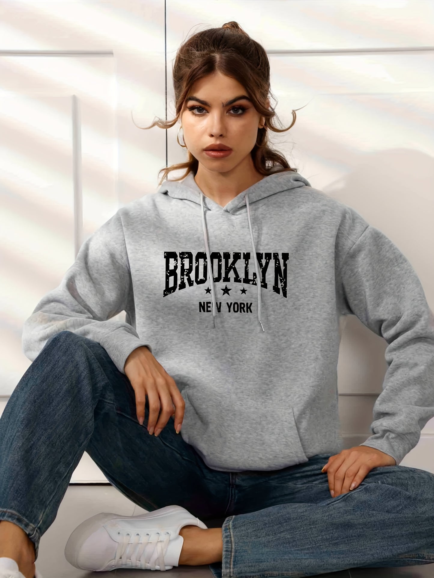 Trendy Letter Print Drawstring Sweater, Loose Kangaroo Pockets Long Sleeve Pullover Hoodies, Women's Sweatshirt