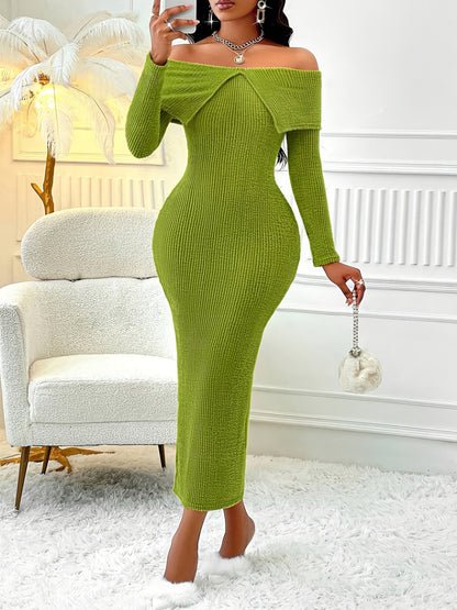 1pc Elegant Off-Shoulder Knit Bodycon Dress for Women, Solid Color Polyester, Fashionable One-Shoulder Design, Perfect for Fall/Winter Season