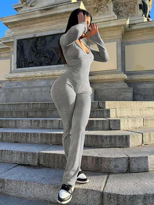 Grey Elegant V-Neck Women's Jumpsuit - Slim Fit, Long Sleeve, Solid Color, Stretchy Polyester Blend